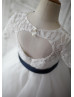 Ivory Lace Tulle Short Sleeves Heart Hole Back Knee Length Flower Girl Dress 